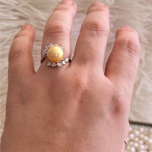 12mm Golden South Sea Pearl Ring Sterling Silver CZ Halo adjustable